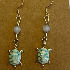 Hand Crafted Gold and Green Turtle Beaded Dangle Earrings